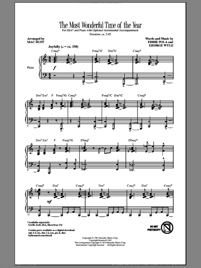 The Most Wonderful Time Of The Year sheet music for choir (SSA: soprano, alto) by George Wyle, Eddie Pola, Andy Williams and Mac Huff, intermediate skill level