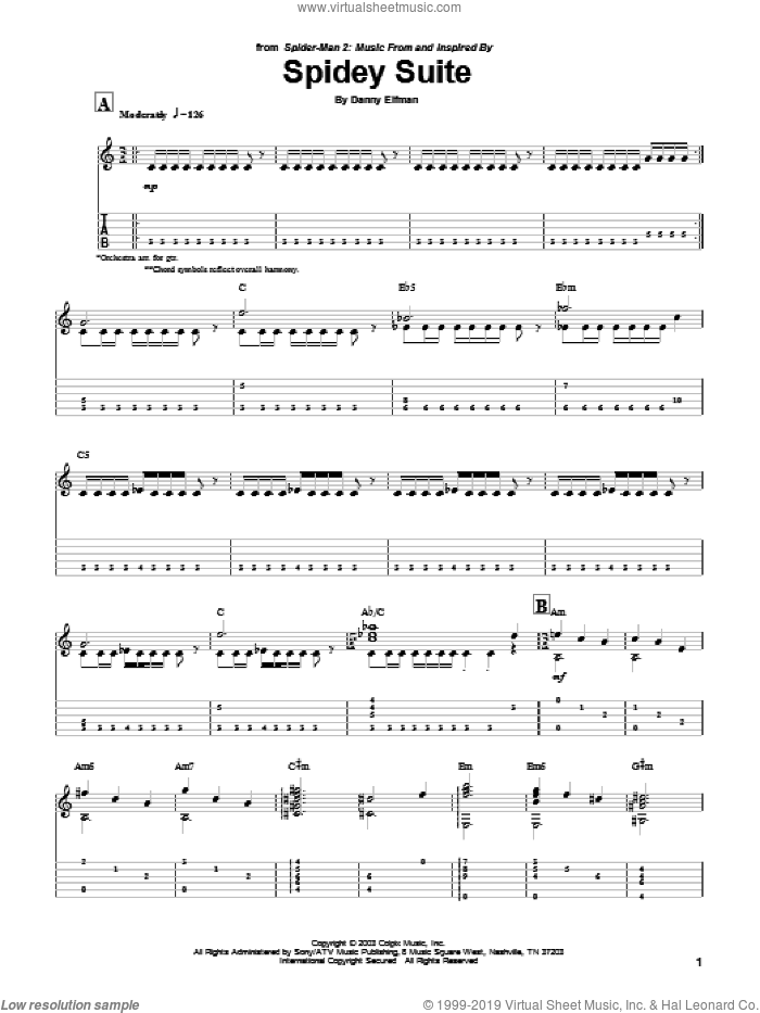 Spidey Suite sheet music for guitar (tablature) by Danny Elfman and Spider-Man 2 (Movie), intermediate skill level