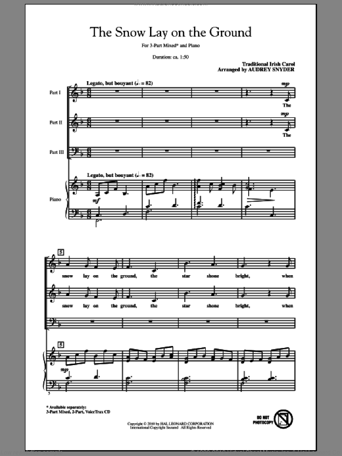 The Snow Lay On The Ground sheet music for choir (3-Part Mixed) by Audrey Snyder and Miscellaneous, intermediate skill level