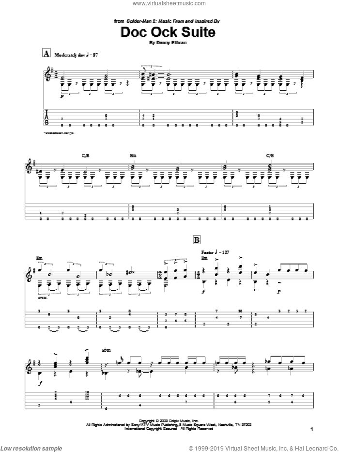 Doc Ock Suite sheet music for guitar (tablature) by Danny Elfman and Spider-Man 2 (Movie), intermediate skill level