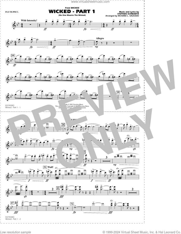 Wicked, part 1 (arr. richard l. saucedo) sheet music for marching band (flute/piccolo) by Stephen Schwartz and Richard L. Saucedo, intermediate skill level