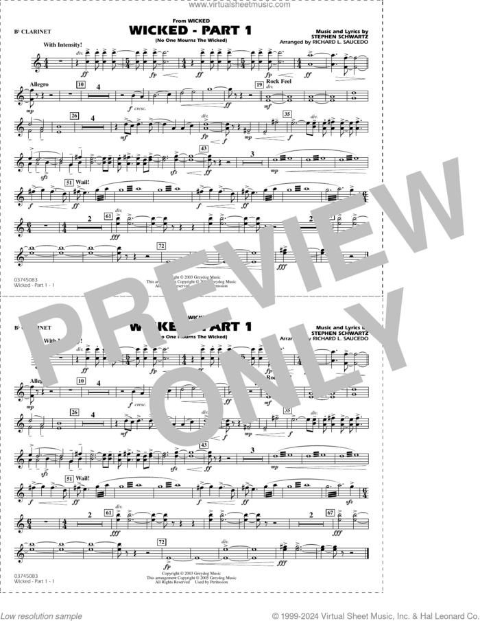 Wicked, part 1 (arr. richard l. saucedo) sheet music for marching band (Bb clarinet) by Stephen Schwartz and Richard L. Saucedo, intermediate skill level