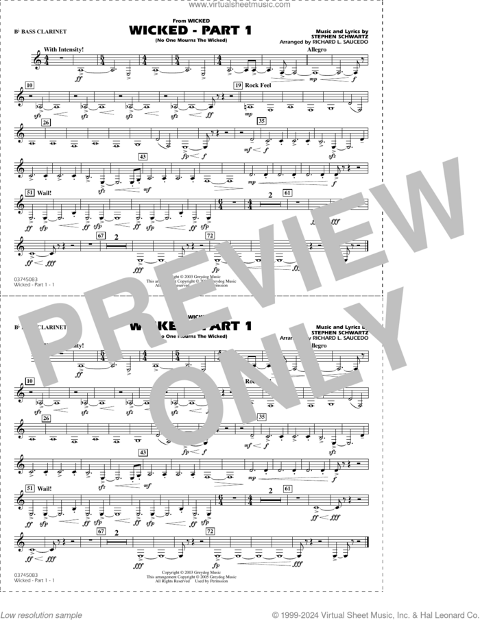 Wicked, part 1 (arr. richard l. saucedo) sheet music for marching band (Bb bass clarinet) by Stephen Schwartz and Richard L. Saucedo, intermediate skill level