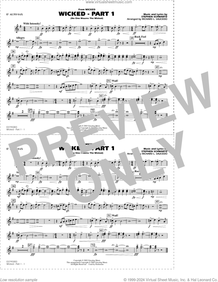 Wicked, part 1 (arr. richard l. saucedo) sheet music for marching band (Eb alto sax) by Stephen Schwartz and Richard L. Saucedo, intermediate skill level