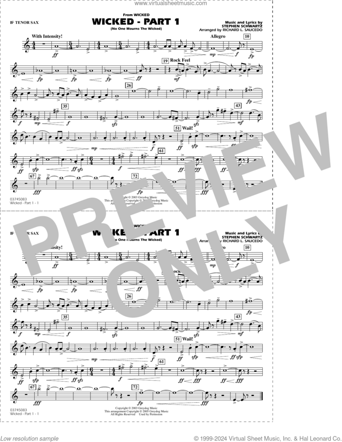 Wicked, part 1 (arr. richard l. saucedo) sheet music for marching band (Bb tenor sax) by Stephen Schwartz and Richard L. Saucedo, intermediate skill level