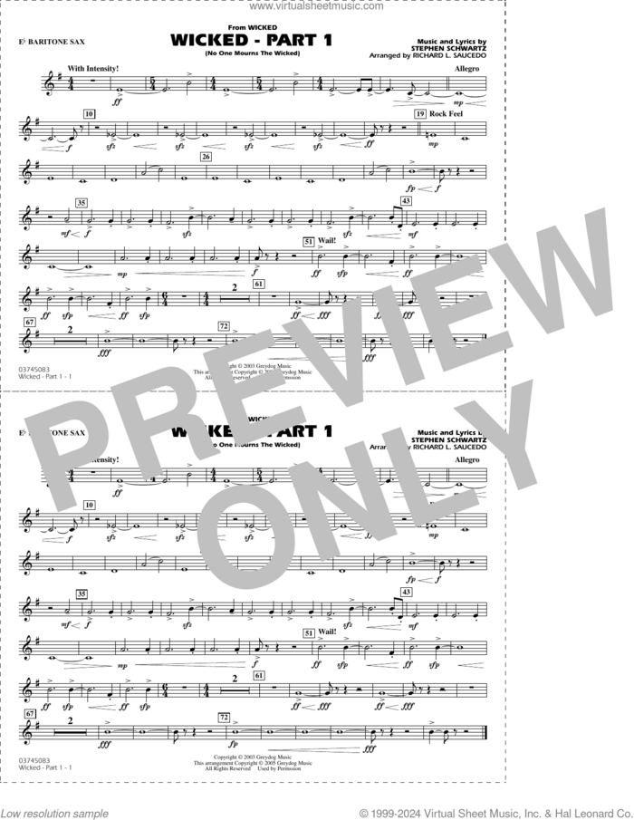 Wicked, part 1 (arr. richard l. saucedo) sheet music for marching band (Eb baritone sax) by Stephen Schwartz and Richard L. Saucedo, intermediate skill level