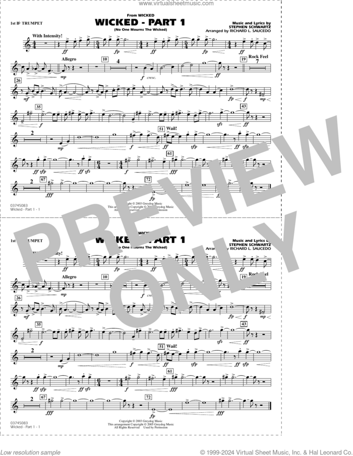 Wicked, part 1 (arr. richard l. saucedo) sheet music for marching band (1st Bb trumpet) by Stephen Schwartz and Richard L. Saucedo, intermediate skill level