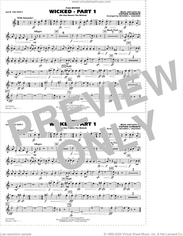 Wicked, part 1 (arr. richard l. saucedo) sheet music for marching band (2nd Bb trumpet) by Stephen Schwartz and Richard L. Saucedo, intermediate skill level