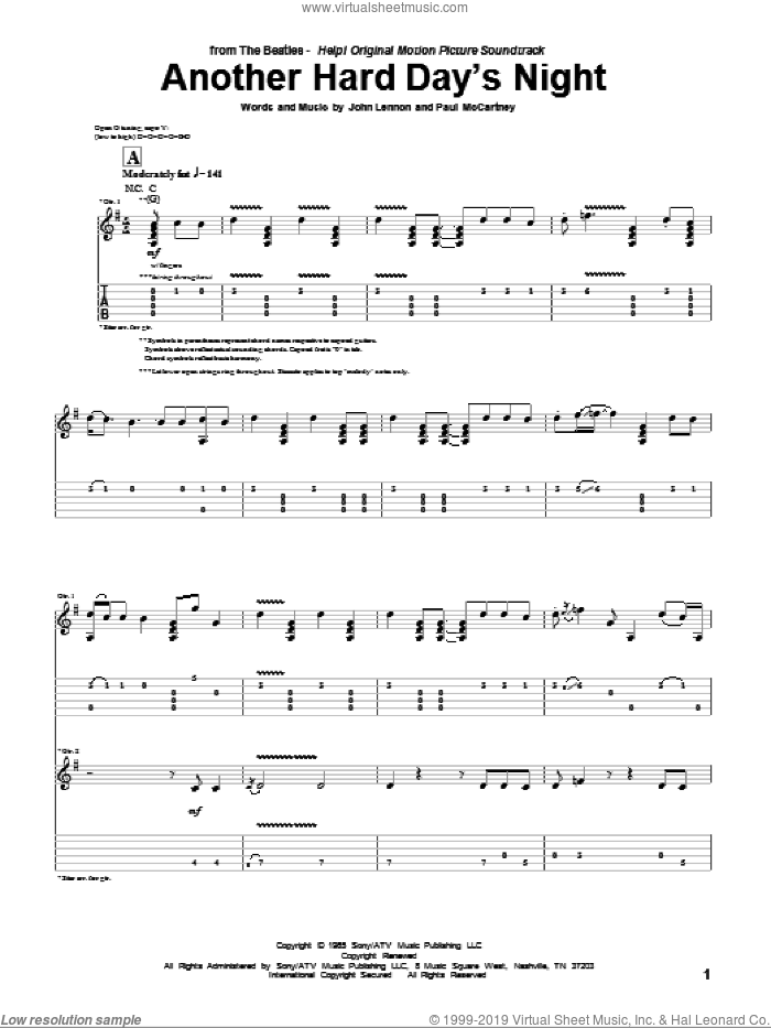 Another Hard Day's Night sheet music for guitar (tablature) by The Beatles, John Lennon and Paul McCartney, intermediate skill level