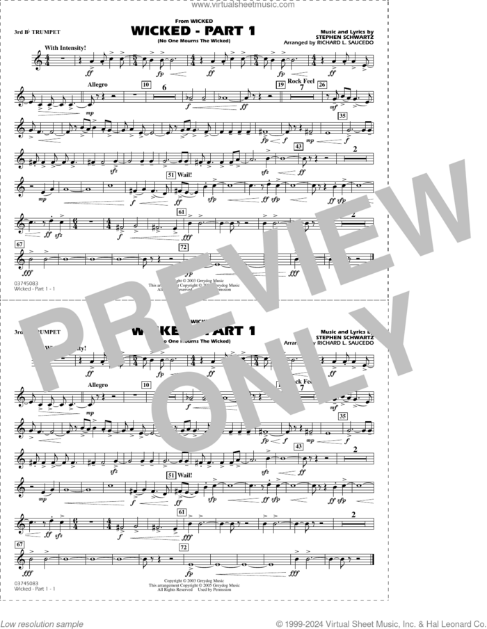 Wicked, part 1 (arr. richard l. saucedo) sheet music for marching band (3rd Bb trumpet) by Stephen Schwartz and Richard L. Saucedo, intermediate skill level