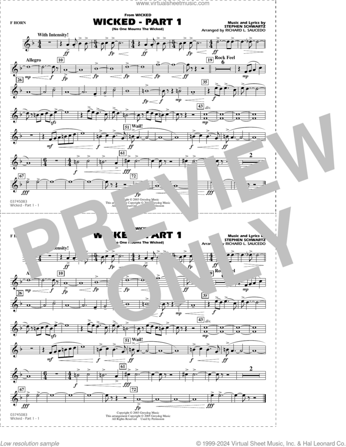 Wicked, part 1 (arr. richard l. saucedo) sheet music for marching band (f horn) by Stephen Schwartz and Richard L. Saucedo, intermediate skill level