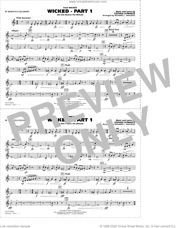 Wicked, part 1 (arr. richard l. saucedo) sheet music for marching band (Bb horn/flugelhorn) by Stephen Schwartz and Richard L. Saucedo, intermediate skill level