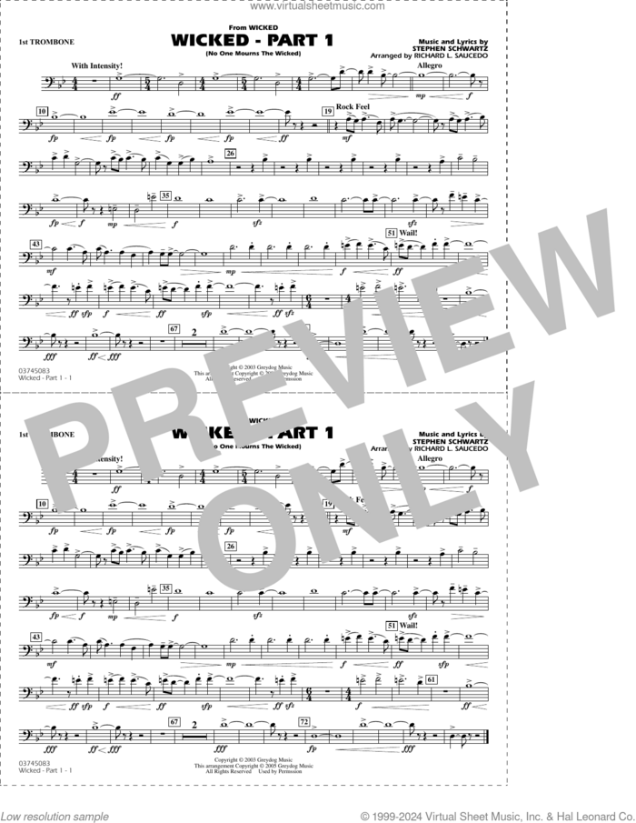 Wicked, part 1 (arr. richard l. saucedo) sheet music for marching band (1st trombone) by Stephen Schwartz and Richard L. Saucedo, intermediate skill level