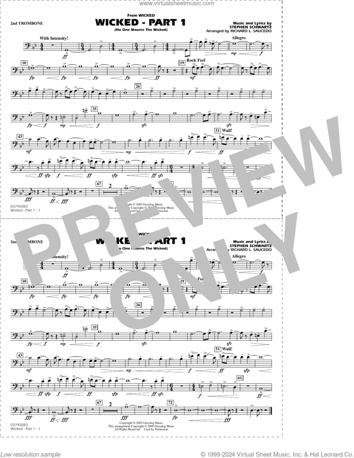 Wicked, part 1 (arr. richard l. saucedo) sheet music for marching band (2nd trombone) by Stephen Schwartz and Richard L. Saucedo, intermediate skill level