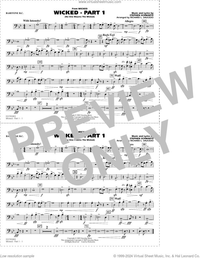 Wicked, part 1 (arr. richard l. saucedo) sheet music for marching band (baritone b.c.) by Stephen Schwartz and Richard L. Saucedo, intermediate skill level