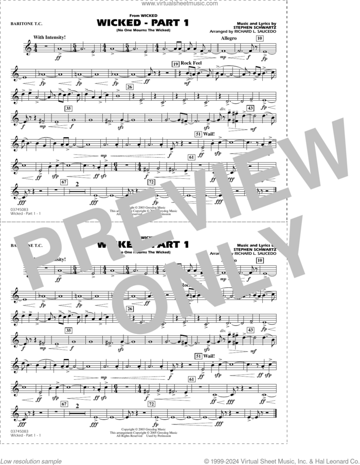 Wicked, part 1 (arr. richard l. saucedo) sheet music for marching band (baritone t.c.) by Stephen Schwartz and Richard L. Saucedo, intermediate skill level