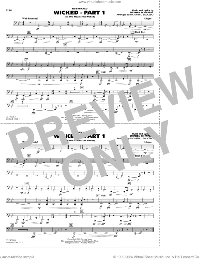 Wicked, part 1 (arr. richard l. saucedo) sheet music for marching band (tuba) by Stephen Schwartz and Richard L. Saucedo, intermediate skill level