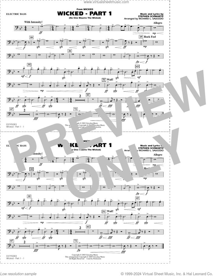 Wicked, part 1 (arr. richard l. saucedo) sheet music for marching band (electric bass) by Stephen Schwartz and Richard L. Saucedo, intermediate skill level