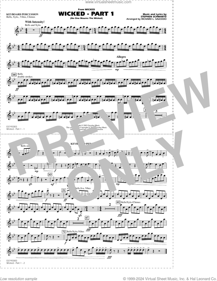 Wicked, part 1 (arr. richard l. saucedo) sheet music for marching band (keyboard percussion) by Stephen Schwartz and Richard L. Saucedo, intermediate skill level