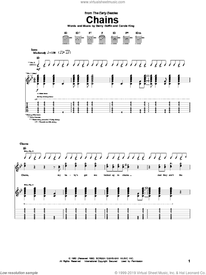 Chains sheet music for guitar (tablature) by The Beatles, Carole King and Gerry Goffin, intermediate skill level