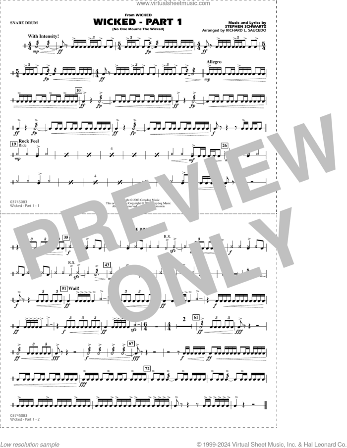 Wicked, part 1 (arr. richard l. saucedo) sheet music for marching band (snare drum) by Stephen Schwartz and Richard L. Saucedo, intermediate skill level