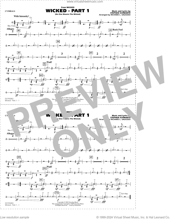 Wicked, part 1 (arr. richard l. saucedo) sheet music for marching band (cymbals) by Stephen Schwartz and Richard L. Saucedo, intermediate skill level