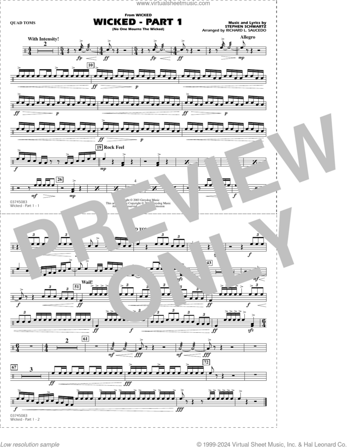 Wicked, part 1 (arr. richard l. saucedo) sheet music for marching band (quad toms) by Stephen Schwartz and Richard L. Saucedo, intermediate skill level