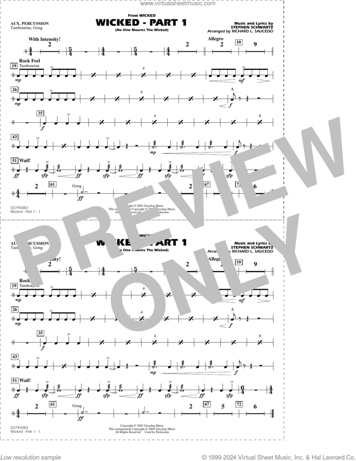 Wicked, part 1 (arr. richard l. saucedo) sheet music for marching band (aux percussion) by Stephen Schwartz and Richard L. Saucedo, intermediate skill level