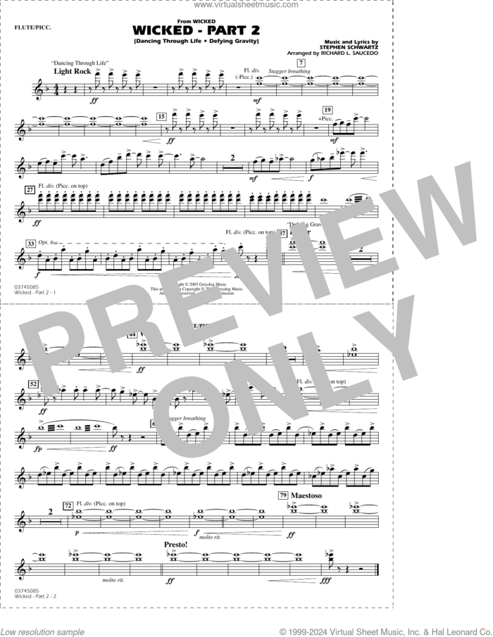 Wicked, part 2 (arr. richard l. saucedo) sheet music for marching band (flute/piccolo) by Stephen Schwartz and Richard L. Saucedo, intermediate skill level