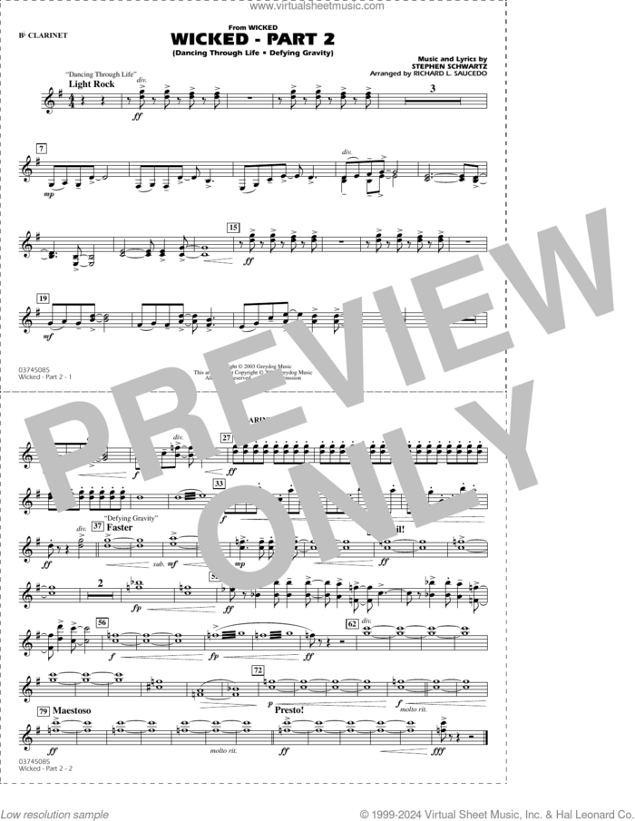 Wicked, part 2 (arr. richard l. saucedo) sheet music for marching band (Bb clarinet) by Stephen Schwartz and Richard L. Saucedo, intermediate skill level