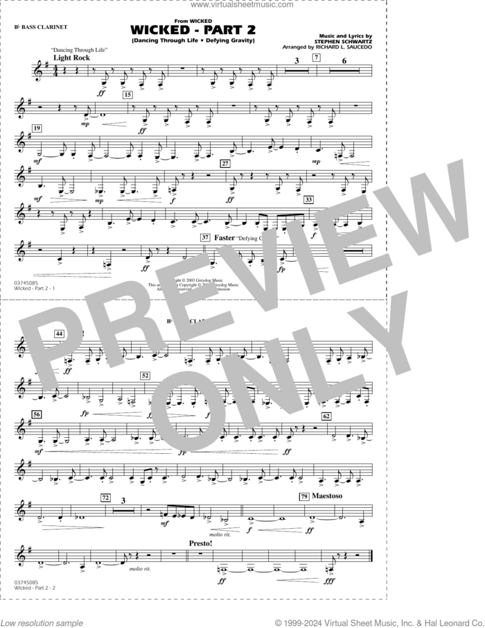 Wicked, part 2 (arr. richard l. saucedo) sheet music for marching band (Bb bass clarinet) by Stephen Schwartz and Richard L. Saucedo, intermediate skill level