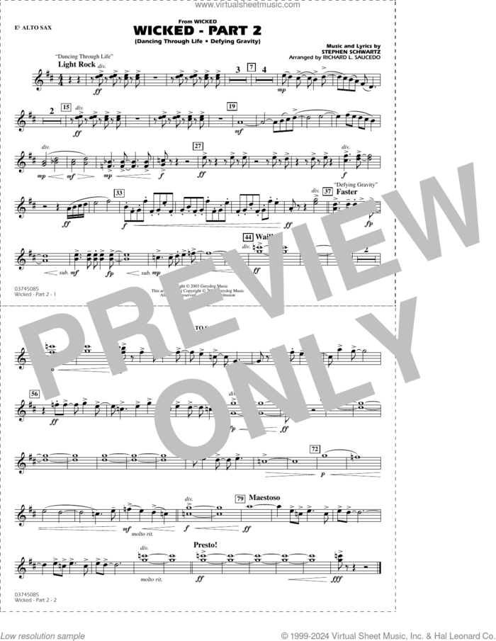 Wicked, part 2 (arr. richard l. saucedo) sheet music for marching band (Eb alto sax) by Stephen Schwartz and Richard L. Saucedo, intermediate skill level