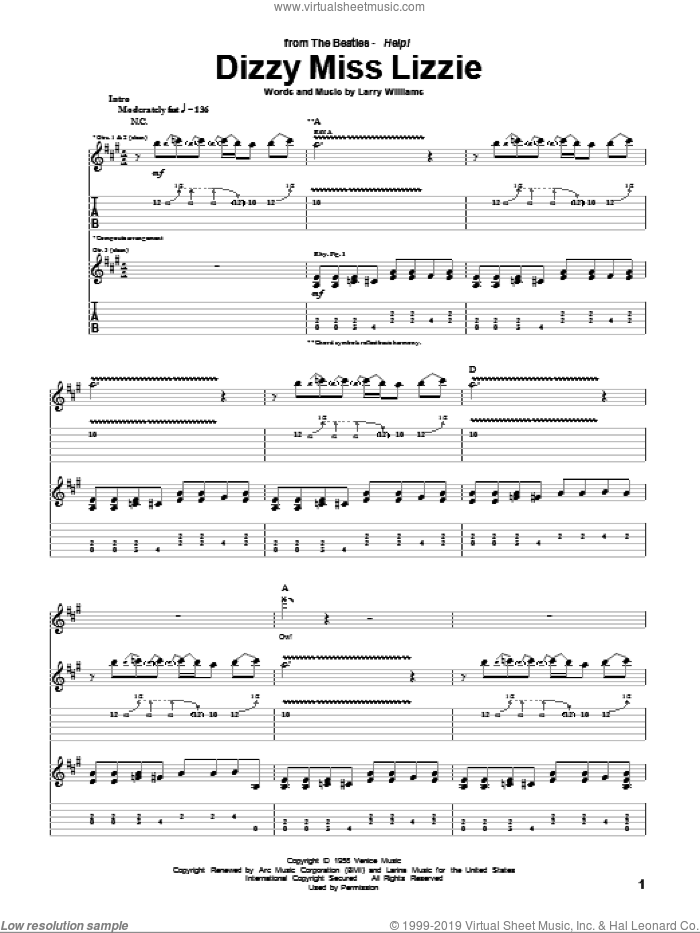 Dizzy Miss Lizzie sheet music for guitar (tablature) by The Beatles and Larry Williams, intermediate skill level