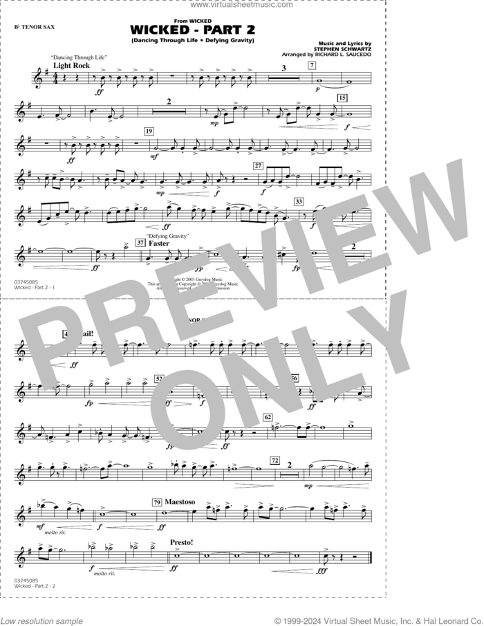 Wicked, part 2 (arr. richard l. saucedo) sheet music for marching band (Bb tenor sax) by Stephen Schwartz and Richard L. Saucedo, intermediate skill level