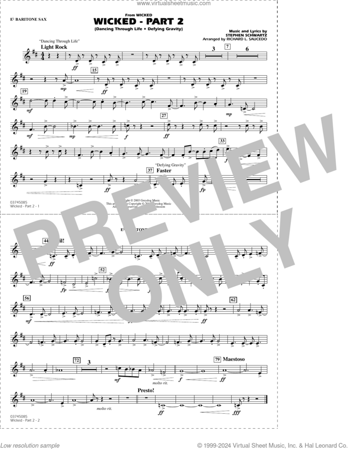 Wicked, part 2 (arr. richard l. saucedo) sheet music for marching band (Eb baritone sax) by Stephen Schwartz and Richard L. Saucedo, intermediate skill level