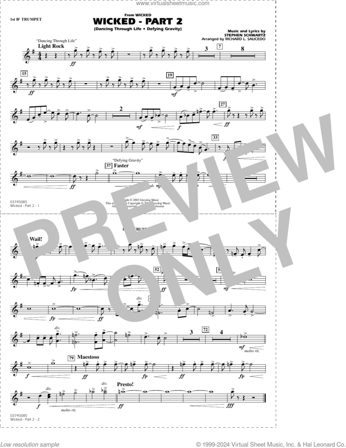 Wicked, part 2 (arr. richard l. saucedo) sheet music for marching band (1st Bb trumpet) by Stephen Schwartz and Richard L. Saucedo, intermediate skill level