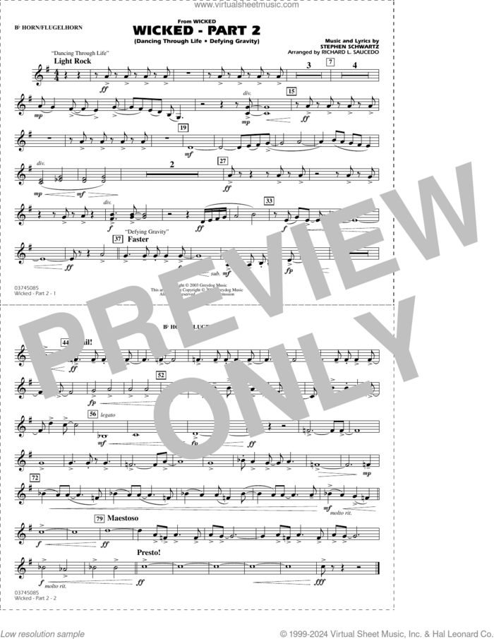 Wicked, part 2 (arr. richard l. saucedo) sheet music for marching band (Bb horn/flugelhorn) by Stephen Schwartz and Richard L. Saucedo, intermediate skill level