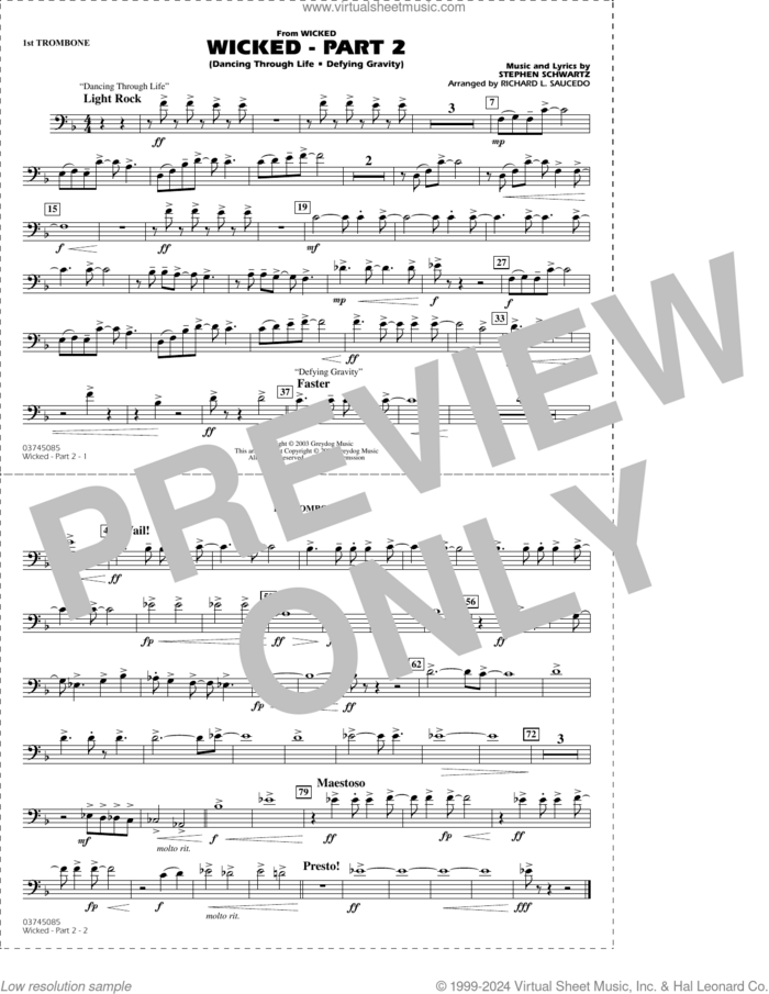 Wicked, part 2 (arr. richard l. saucedo) sheet music for marching band (1st trombone) by Stephen Schwartz and Richard L. Saucedo, intermediate skill level