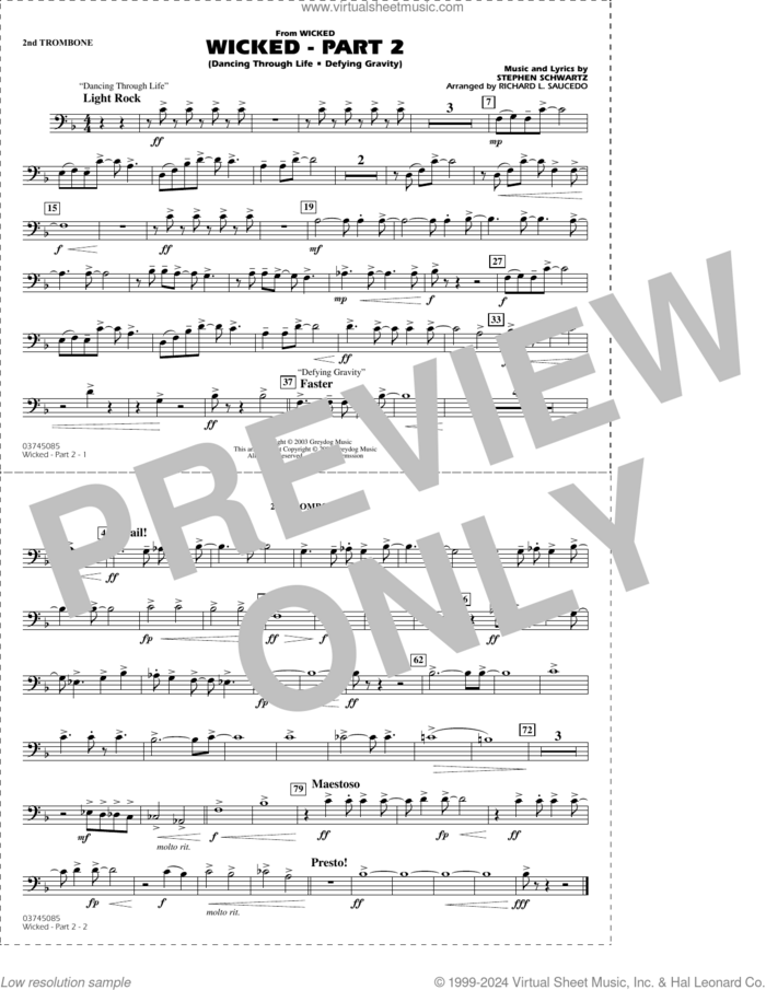 Wicked, part 2 (arr. richard l. saucedo) sheet music for marching band (2nd trombone) by Stephen Schwartz and Richard L. Saucedo, intermediate skill level