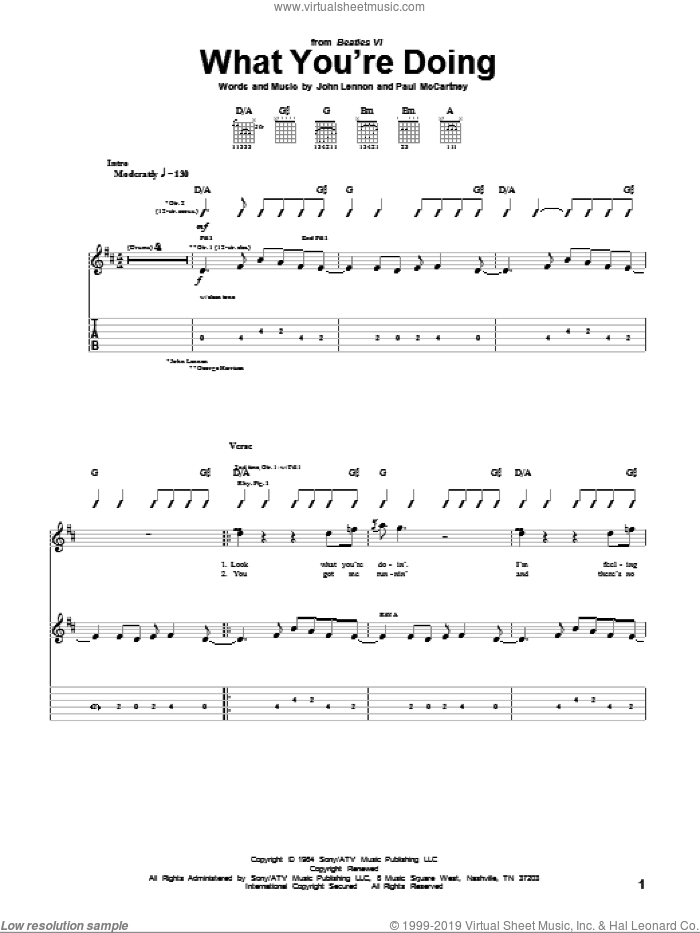 What You're Doing sheet music for guitar (tablature) by The Beatles, John Lennon and Paul McCartney, intermediate skill level