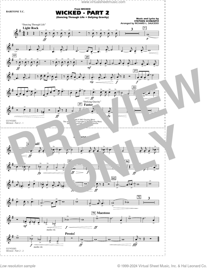 Wicked, part 2 (arr. richard l. saucedo) sheet music for marching band (baritone t.c.) by Stephen Schwartz and Richard L. Saucedo, intermediate skill level