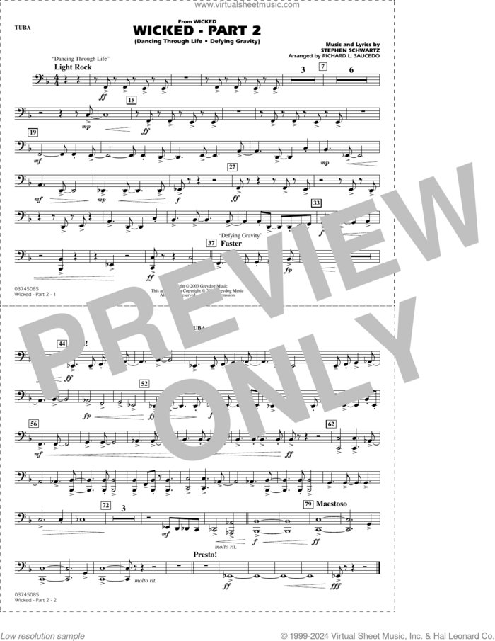 Wicked, part 2 (arr. richard l. saucedo) sheet music for marching band (tuba) by Stephen Schwartz and Richard L. Saucedo, intermediate skill level