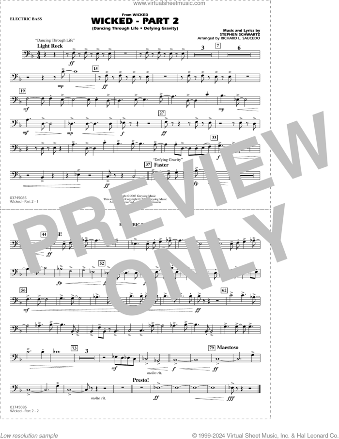 Wicked, part 2 (arr. richard l. saucedo) sheet music for marching band (electric bass) by Stephen Schwartz and Richard L. Saucedo, intermediate skill level