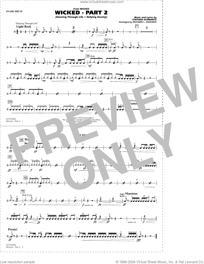 Wicked, part 2 (arr. richard l. saucedo) sheet music for marching band (snare drum) by Stephen Schwartz and Richard L. Saucedo, intermediate skill level