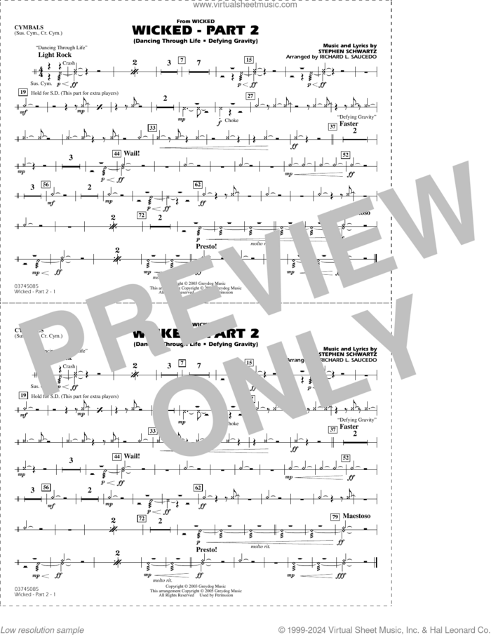 Wicked, part 2 (arr. richard l. saucedo) sheet music for marching band (cymbals) by Stephen Schwartz and Richard L. Saucedo, intermediate skill level