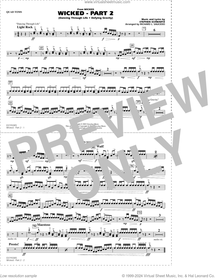 Wicked, part 2 (arr. richard l. saucedo) sheet music for marching band (quad toms) by Stephen Schwartz and Richard L. Saucedo, intermediate skill level