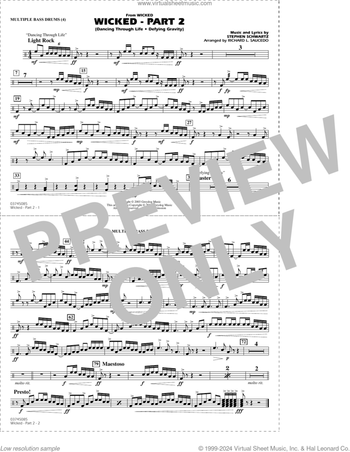 Wicked, part 2 (arr. richard l. saucedo) sheet music for marching band (multiple bass drums) by Stephen Schwartz and Richard L. Saucedo, intermediate skill level