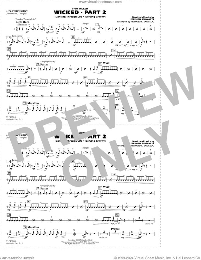 Wicked, part 2 (arr. richard l. saucedo) sheet music for marching band (aux percussion) by Stephen Schwartz and Richard L. Saucedo, intermediate skill level