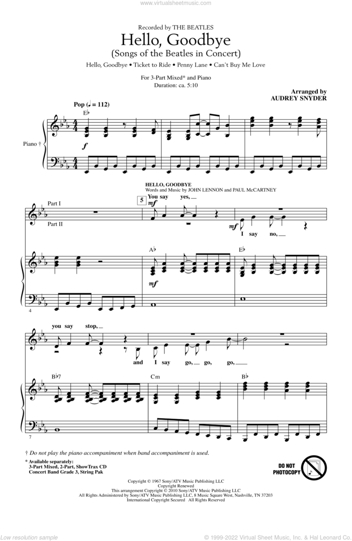 Hello, Goodbye (Songs Of The Beatles In Concert) sheet music for choir (3-Part Mixed) by The Beatles, Audrey Snyder, John Lennon and Paul McCartney, intermediate skill level