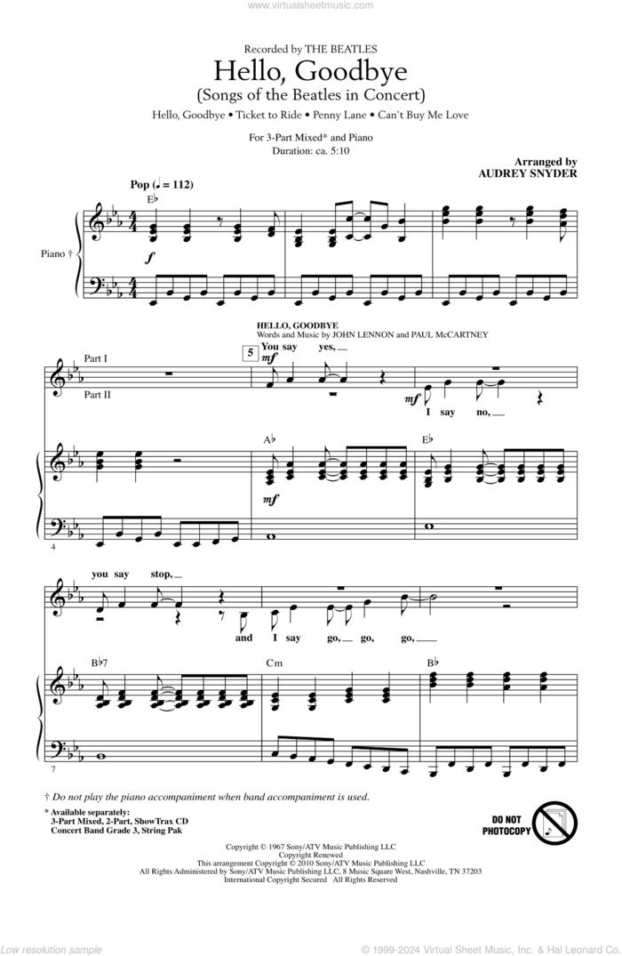 Hello, Goodbye (Songs Of The Beatles In Concert) sheet music for choir (3-Part Mixed) by The Beatles, Audrey Snyder, John Lennon and Paul McCartney, intermediate skill level